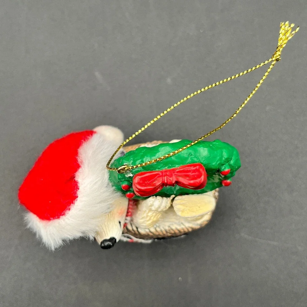 Hedgehog with Santa Hat‎ Plaid Scarf Swinging on Christmas Wreath Ornament 3
